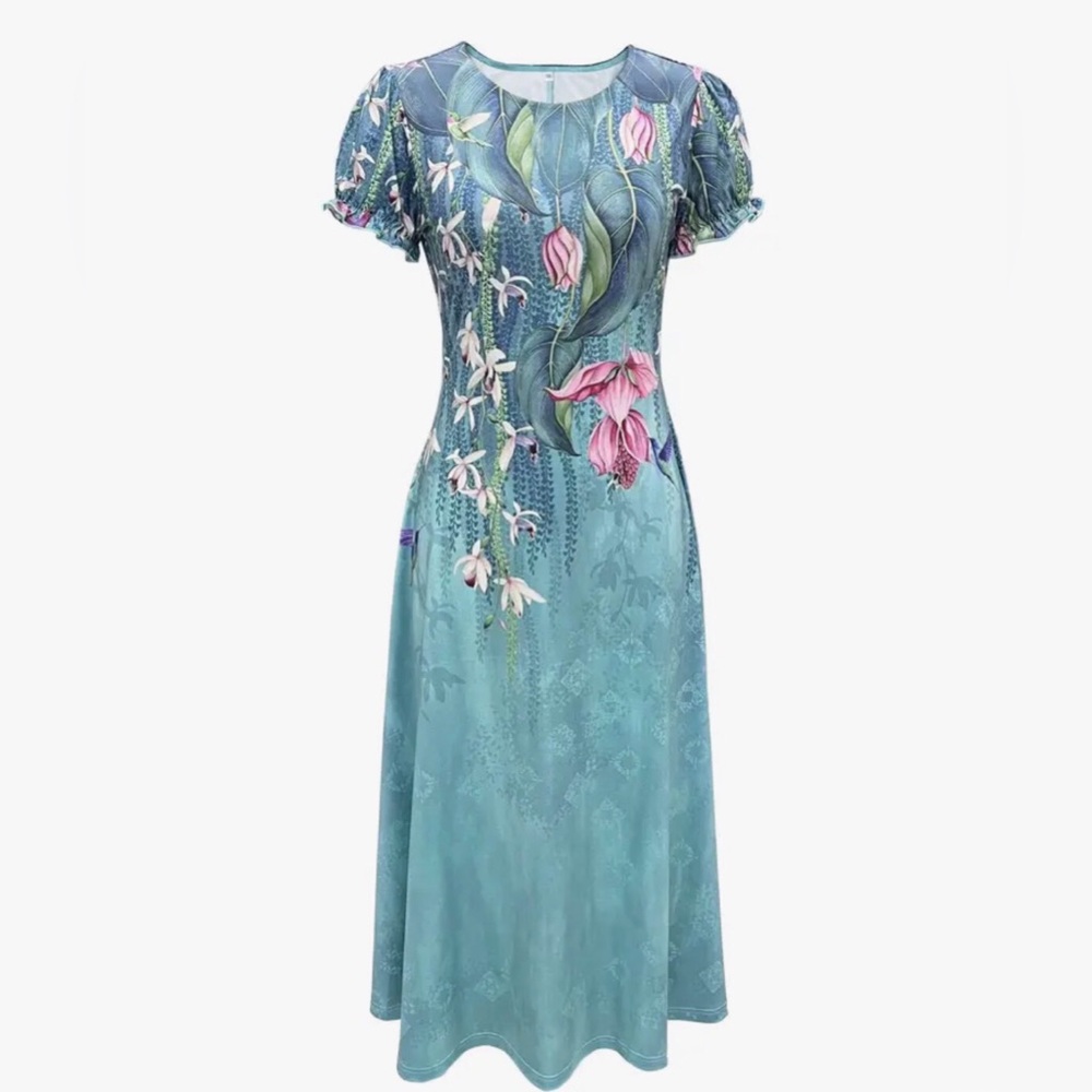 Plus Size Hummingbirds & Flowers Ombre Short Elastic Sleeve Comfy Maxi Dress
